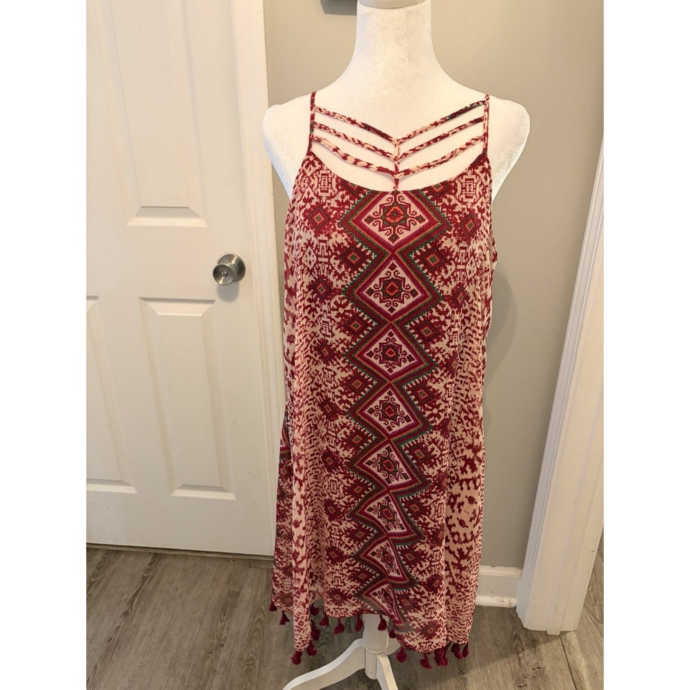 Maurices Boho Geometric Aztec Print Dress Tassel Hem Strappy Detail Southwestern